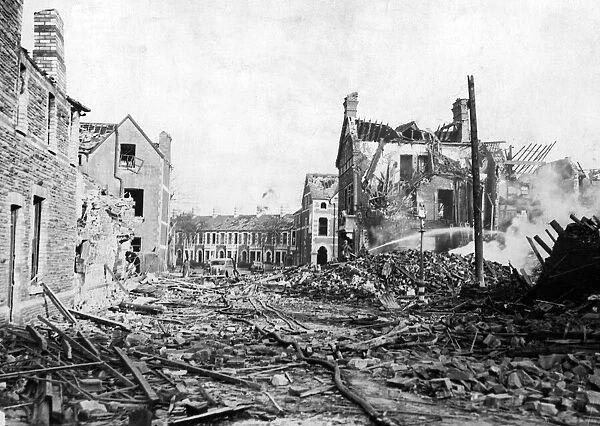 Destruction caused by air raids in Cardiff, Wales. February 1941