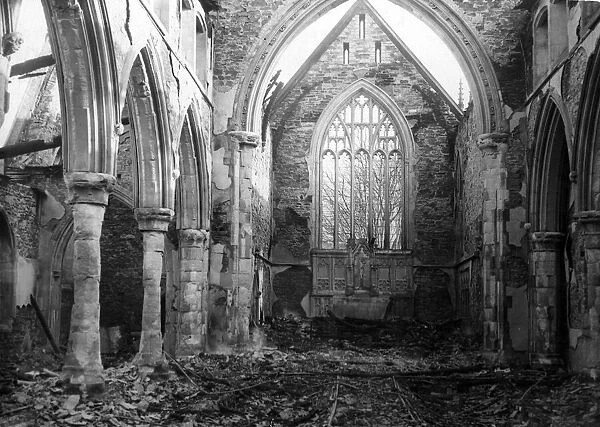 Dewi Sant church damaged by Nazi raiders at Cardiff, Wales. Circa 1941