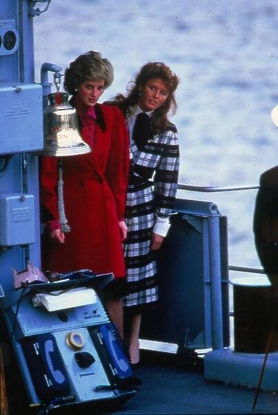 Diana, The Princess of Wales, accompanied by Sarah Ferguson on a visit to HMS Brazen