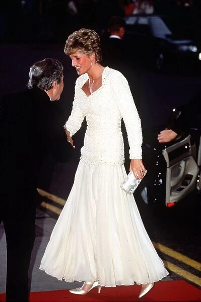 Diana, Princess of Wales, attending an evening event in London