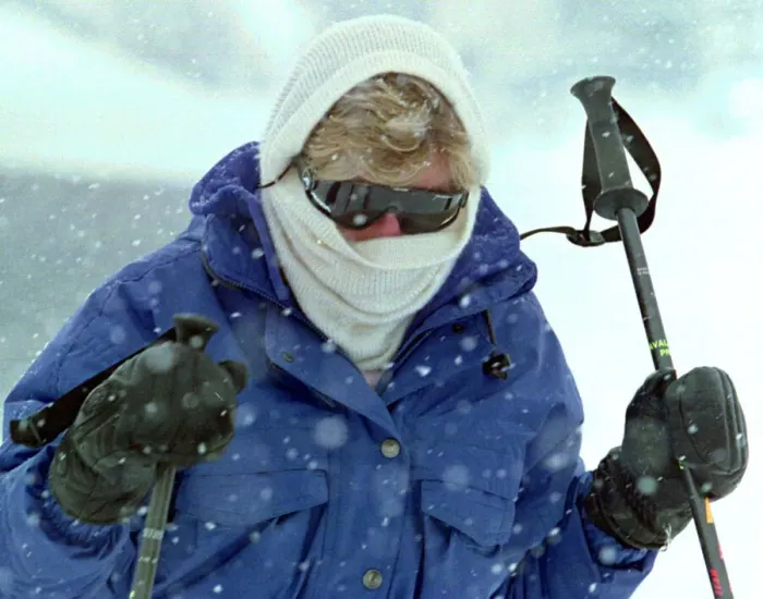 Framed Print : Diana, Princess of Wales has her face totally covered during a snow blizzard on her