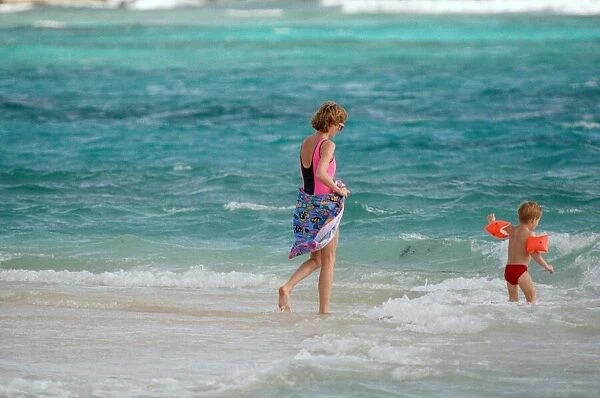 Diana, Princess of Wales on holiday with her son Prince Harry on the British Virgin