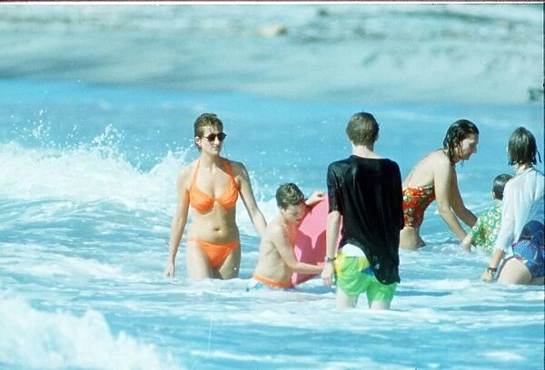 Diana, Princess of Wales in the water with family at Indian Castle Beach during her Nevis