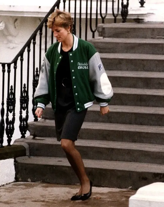 Framed Print : Diana, Princess of Wales, wearing an American football sports jacket as she Wetherby Framed Print : Diana, Princess of Wales, wearing an American football sports jacket as she Wetherby
