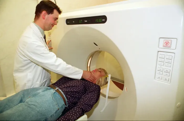 Framed Print : Diane Jackman of Stockton is the first patient on the new scanner at North Tees Hospital