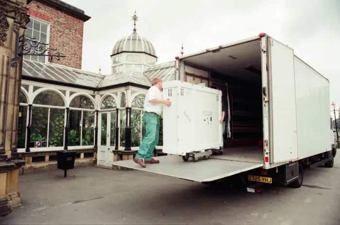 Framed Print : The Dice Players, is moved from its home in Preston Hall Museum in readiness for its trip Framed Print : The Dice Players, is moved from its home in Preston Hall Museum in readiness for its trip
