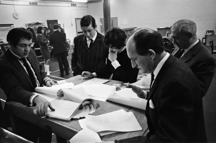 Framed Print : Dick Clement (2nd left) and Ian La Frenais (3rd left), scriptwriters for the Mr