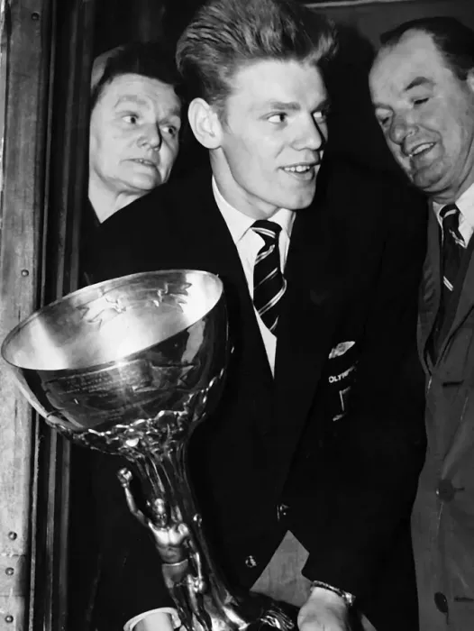 Framed Print : Dick McTaggart boxer holding the Val Barker cup for best Olympic boxer boxing