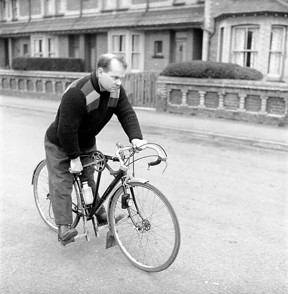Dickie Bird seen here with his hand pedal bike. 1958 A218-001