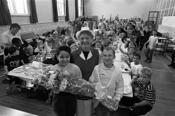 Framed Print : Dinner-lady Mrs Doreen Pounder has retired after 28 years at two Huddersfield schools Framed Print : Dinner-lady Mrs Doreen Pounder has retired after 28 years at two Huddersfield schools