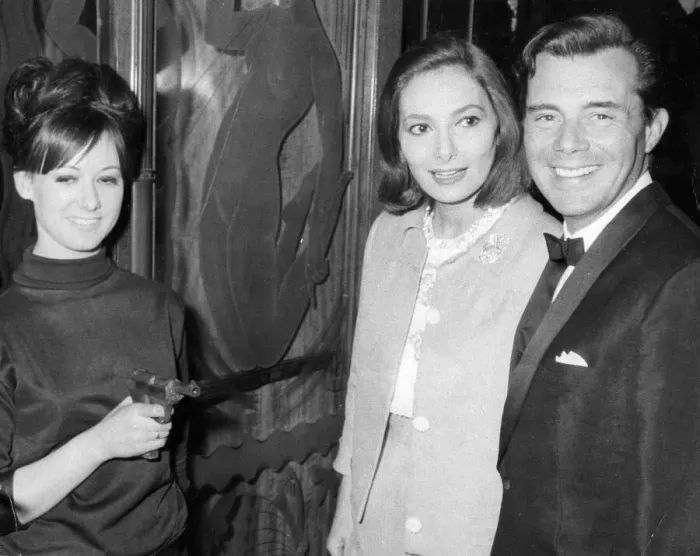 Framed Print : Dirk Bogarde with Rosella Falk at premiere of film Modesty Blaise, London - 19th May 1966 Framed Print : Dirk Bogarde with Rosella Falk at premiere of film Modesty Blaise, London - 19th May 1966