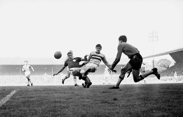 Framed Print : Division One. Liverpool 1 v West Ham 2 Liverpool forward Roger Hunt has his shot Framed Print : Division One. Liverpool 1 v West Ham 2 Liverpool forward Roger Hunt has his shot