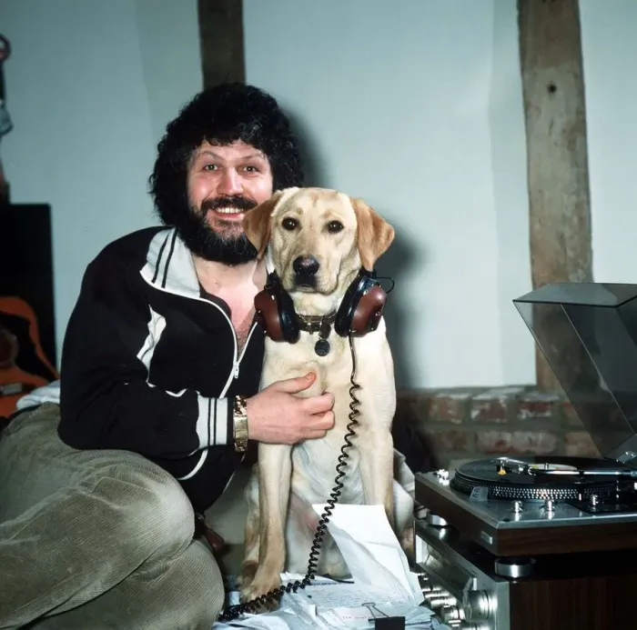 Framed Print : DJ Dave Lee Travis at home with his dog March 1981 Framed Print : DJ Dave Lee Travis at home with his dog March 1981