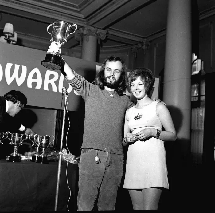 Framed Print : DJ John Peel receives Melody Maker music awards 1969 from a reader as best disc