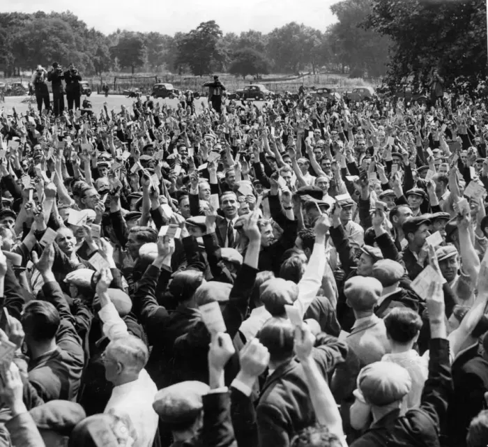 Framed Print : Dock Strikes 1949. Strikers meeting Victoria Park as they vote back to work Framed Print : Dock Strikes 1949. Strikers meeting Victoria Park as they vote back to work