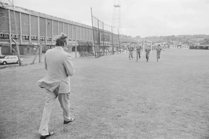 Framed Print : Don Revie Leeds United Manager seen here saying goodbye to some members of the team