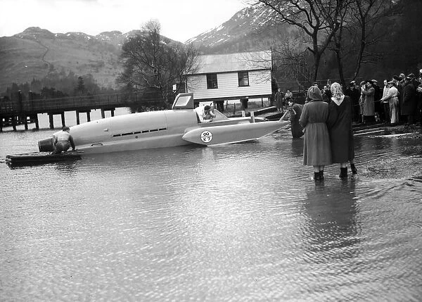 Donald Campbell launches Bluebird K7 on Ullswater for tests, 8th February 1955