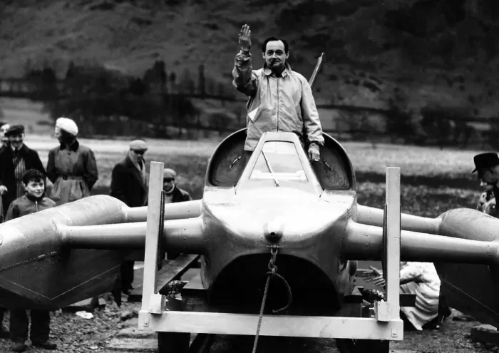 Framed Print : Donald Campbell launches Bluebird K7 on Ullswater for tests, 8th February 1955 Framed Print : Donald Campbell launches Bluebird K7 on Ullswater for tests, 8th February 1955