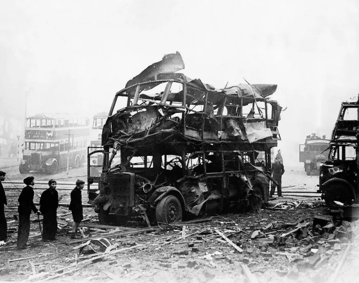 Framed Print : Double decker bus caught in the blast from a bomb during an air raid on Sheffield