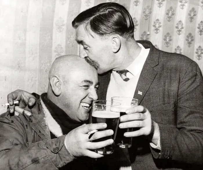 Framed Print : Doug Holberry and Len Phillips - November 1968 celebrate with a couple of pints of Framed Print : Doug Holberry and Len Phillips - November 1968 celebrate with a couple of pints of