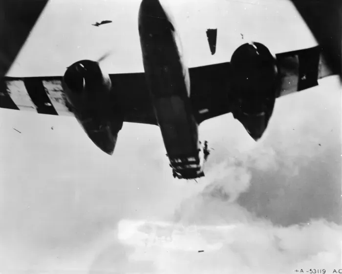 Framed Print : A Douglas A-20 Havoc Light bomber of the 9th US Air force is shot down over France