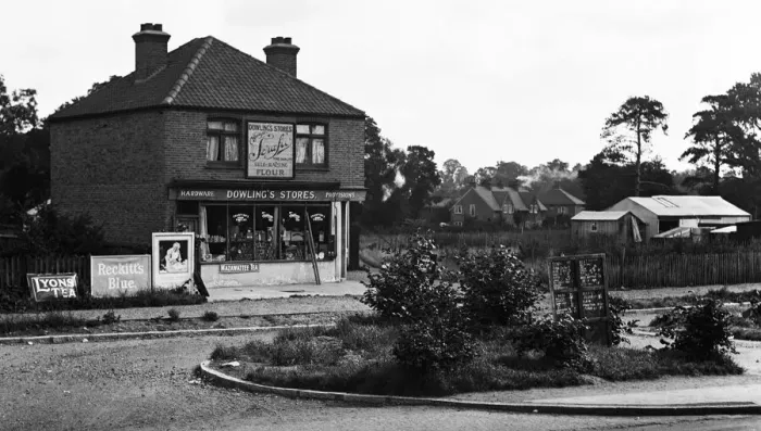Framed Print : Dowlings Stores at Hayes End near new police station. London. Circa 1930 Framed Print : Dowlings Stores at Hayes End near new police station. London. Circa 1930