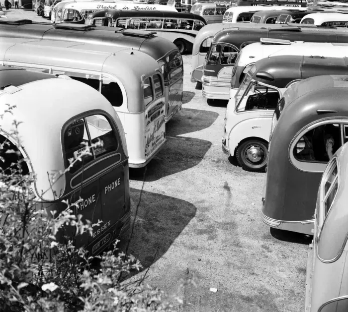 Framed Print : Dozens of buses parked near the beach at Margate which have transported people for their