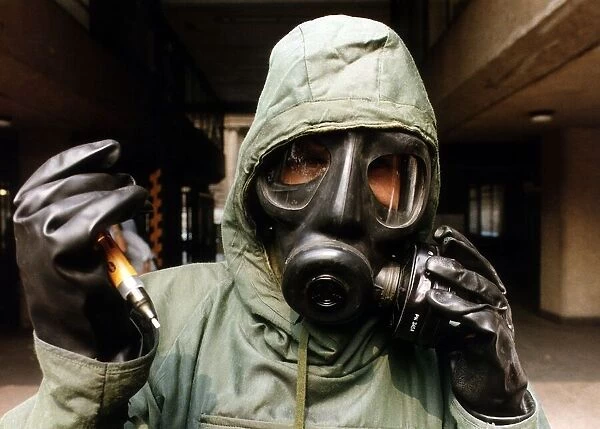 Dr Alistair Hay wearing chemical warfare suit August 1990 of the type used in the Gulf