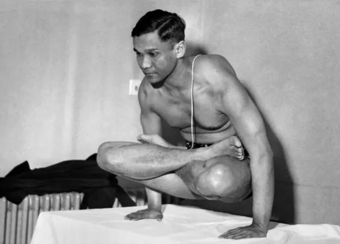 Framed Print : Dr. Mukerji demonstrates a Yoga posture for strengthening the muscles of the abdomen Framed Print : Dr. Mukerji demonstrates a Yoga posture for strengthening the muscles of the abdomen