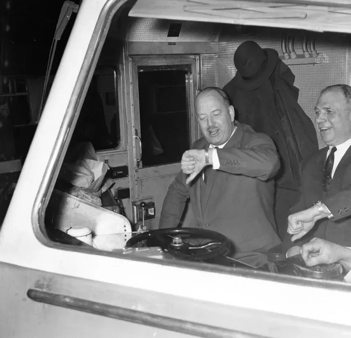Framed Print : Dr Richard Beeching, Chairman of British Railways, Photo-call taking a ride on a diesel Framed Print : Dr Richard Beeching, Chairman of British Railways, Photo-call taking a ride on a diesel