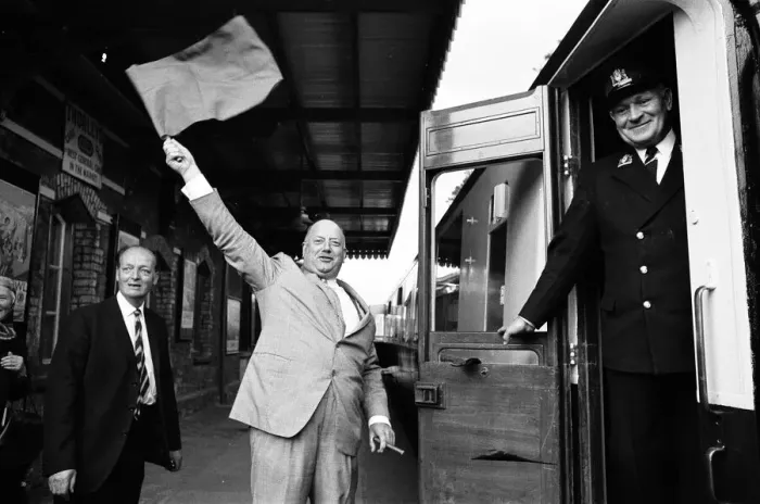 Framed Print : Dr Richard Beeching, Chairman of British Railways, reopens the Dart Valley Railway
