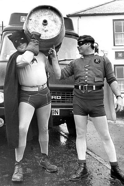 Draymen Jim Evans (Batman) and Eric Wilson (Robin) deliver beer at Easington in 1977