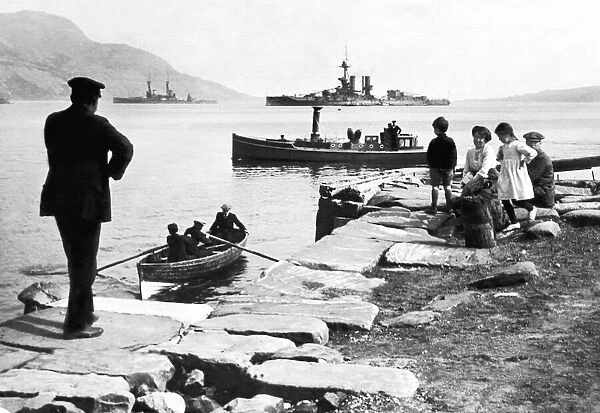 The dreadnoughts HMS Superb and HMS Lion seen here at anchor in Lamlash bay off of Arran