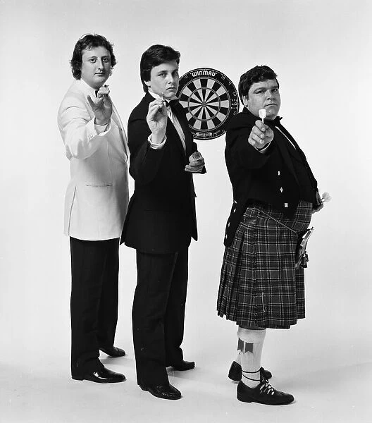 Well dressed British darts players pose for a photoshoot