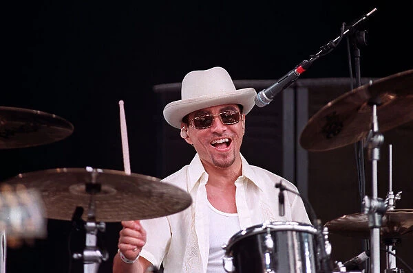 Drummer from pop group Fun Loving Criminals on stage at T in the Park, July 1999