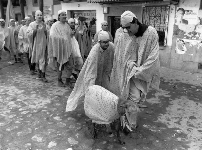 Framed Print : Drunken villagers gloat over their tortured goat during a Spanish bllod fiesta Framed Print : Drunken villagers gloat over their tortured goat during a Spanish bllod fiesta