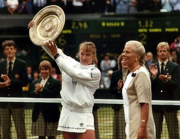 Duchess of Kent presents Steffi Graf with the womens singles trophy in 1989