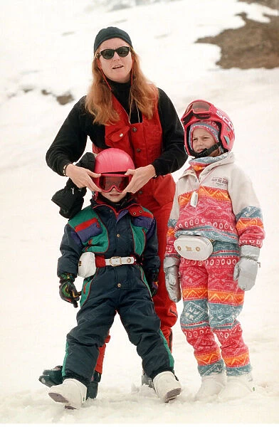 Duchess of York with Princess Beatrice Eugenie and on the slope of Verbier the day after
