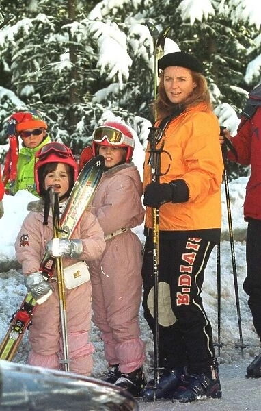 Duchess of York with Princesses Beatrice and Eugenie skiing holiday in Verbier