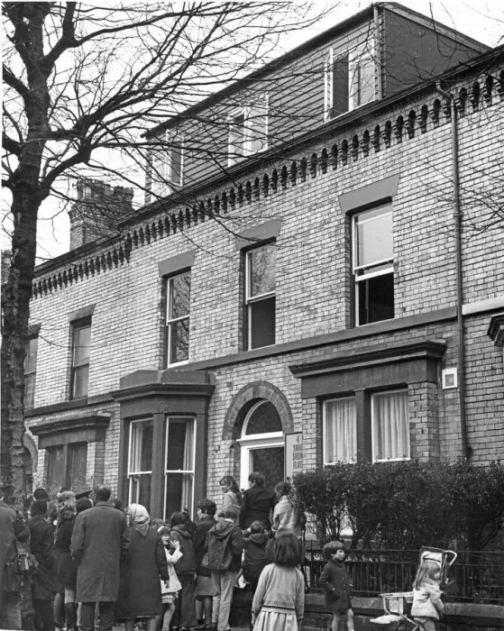 Framed Print : Ducie Street, Liverpool. England, April 1969, Locals gather to view 4 new Show flats that Framed Print : Ducie Street, Liverpool. England, April 1969, Locals gather to view 4 new Show flats that