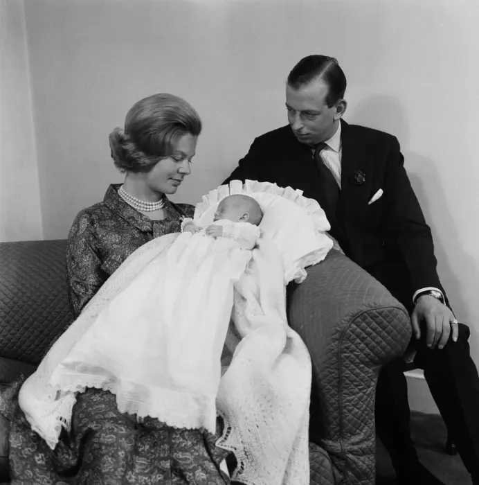 Framed Print : The Duke and Duchess of Kent with their baby son, the Earl of St Andrews at their home Framed Print : The Duke and Duchess of Kent with their baby son, the Earl of St Andrews at their home