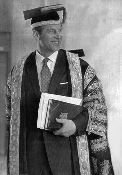 Duke of Edinburgh at Aberystwyth University, wearing a mortar board and gown