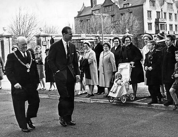 The Duke of Edinburgh with the Lord Mayor of Cardiff arrives at the Welsh College of