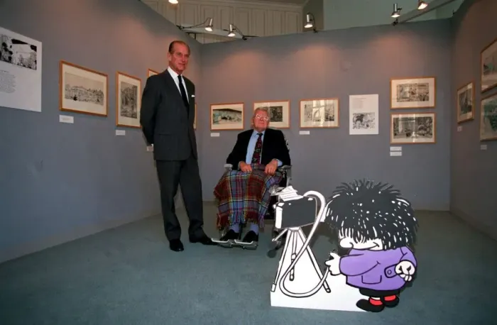 Framed Print : The Duke of Edinburgh, Prince Philip with Cartoonist Carl Giles at exhibition of