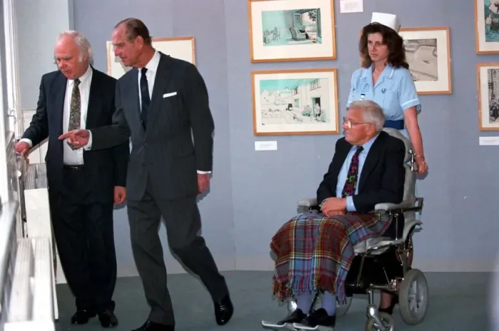 Framed Print : The Duke of Edinburgh, Prince Philip with Cartoonist Carl Giles at exhibition of Framed Print : The Duke of Edinburgh, Prince Philip with Cartoonist Carl Giles at exhibition of