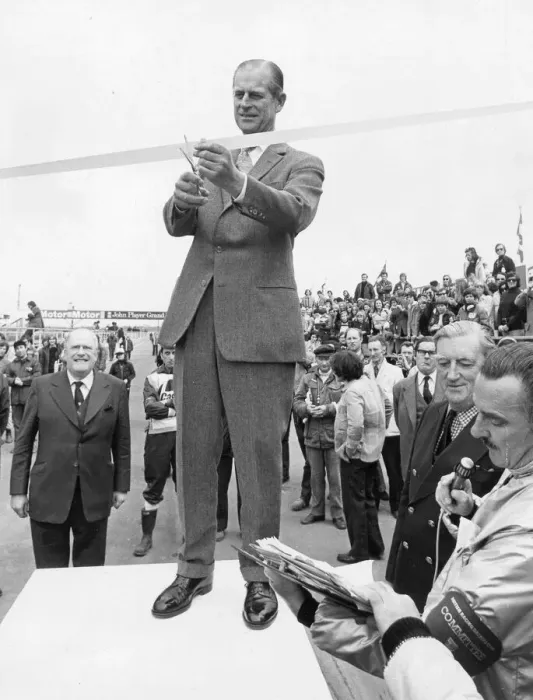 Framed Print : The Duke of Edinburgh. Prince Philip opens a Motor racing event. April 1975 Framed Print : The Duke of Edinburgh. Prince Philip opens a Motor racing event. April 1975