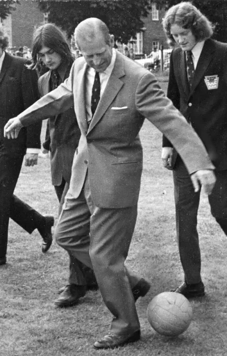 Framed Print : Duke of Edinburgh, Prince Philip plays football during a visit to Bellingham Sports Framed Print : Duke of Edinburgh, Prince Philip plays football during a visit to Bellingham Sports