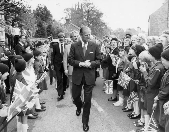 Framed Print : The Duke of Edinburgh. Prince Philip talks to Brownies in Derbyshire. May1984 Framed Print : The Duke of Edinburgh. Prince Philip talks to Brownies in Derbyshire. May1984