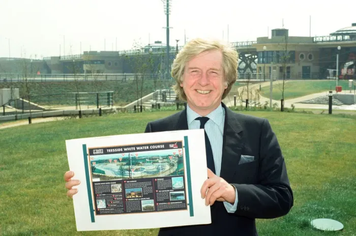 Framed Print : Duncan Hall, Chief Executive of TDC on the Tees Barrage site. 13th July 1995