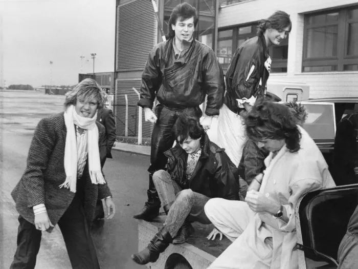 Framed Print : Duran Duran hitch a ride on a baggage trolley when they arrived at Newcasle Airport